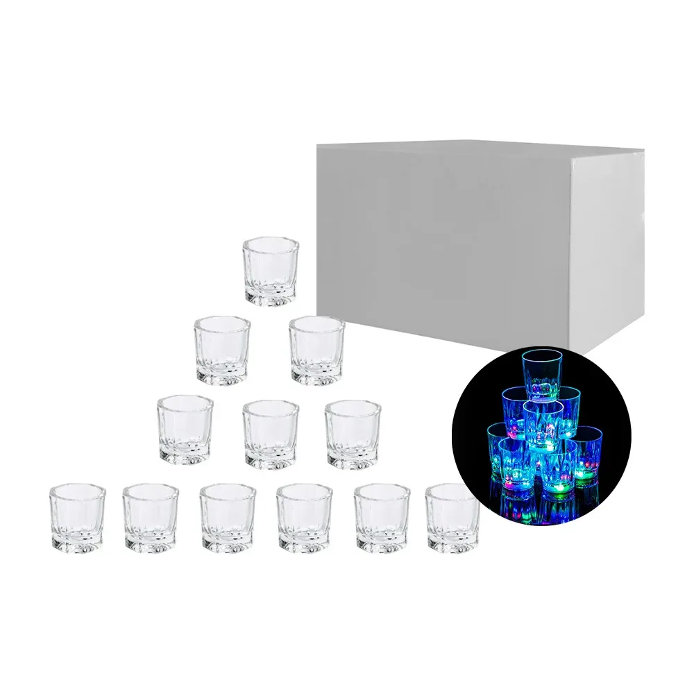 Caja con 12 mini vasos tipo caballito de plástico, luz led en la base / lu88453