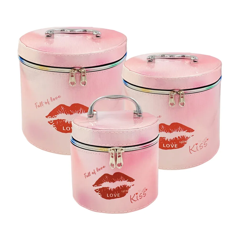 Juego de 3 cosmetiqueras cilíndricas con estampado de labios love kiss / y128
