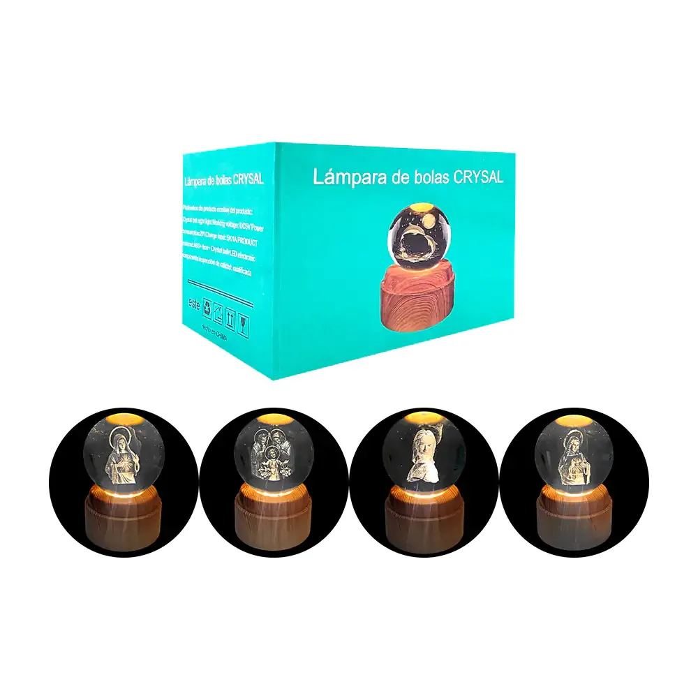 Lámpara usb en forma de esfera de 8cm, grabado 3d de religión + base giratoria