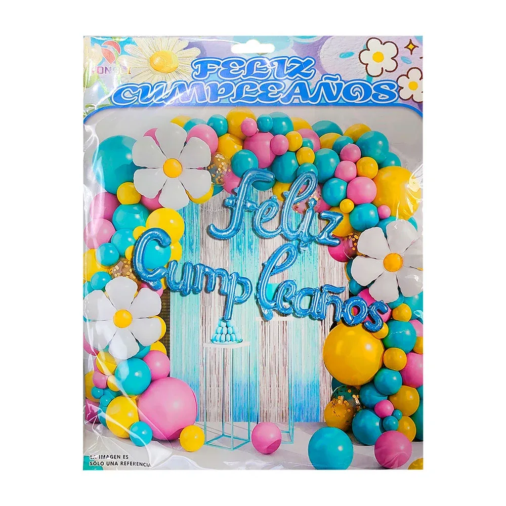 Paquete con 53 globos, amarillo, verde, rosa, feliz cumpleaños, flor + cortina