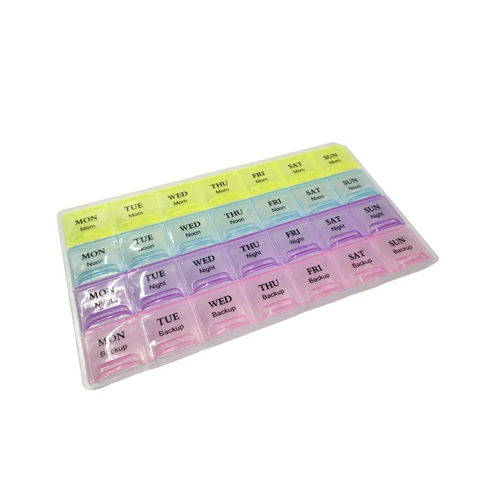 Pastillero translúcido de 28 compartimentos estampados con los días de la semana para mañana, tarde noche y respaldo, variedad de colores / 4003410007