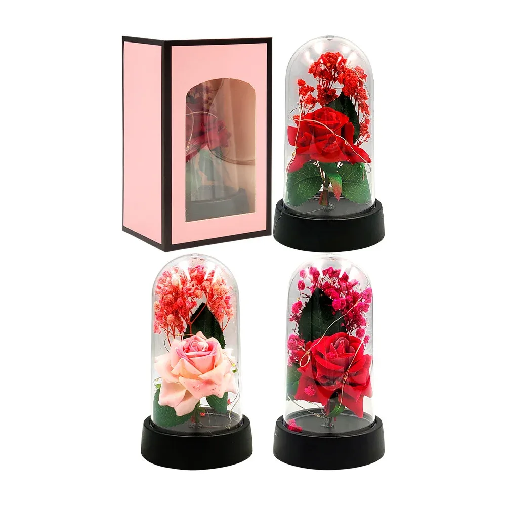Rosa encapsulada + flores artificiales y luz led, variedad de colores