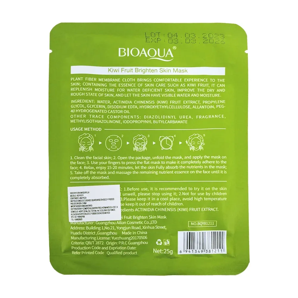 1pza Mascarilla facial hidratante con extracto de kiwi 25g / kiwi fruit / bioaqua