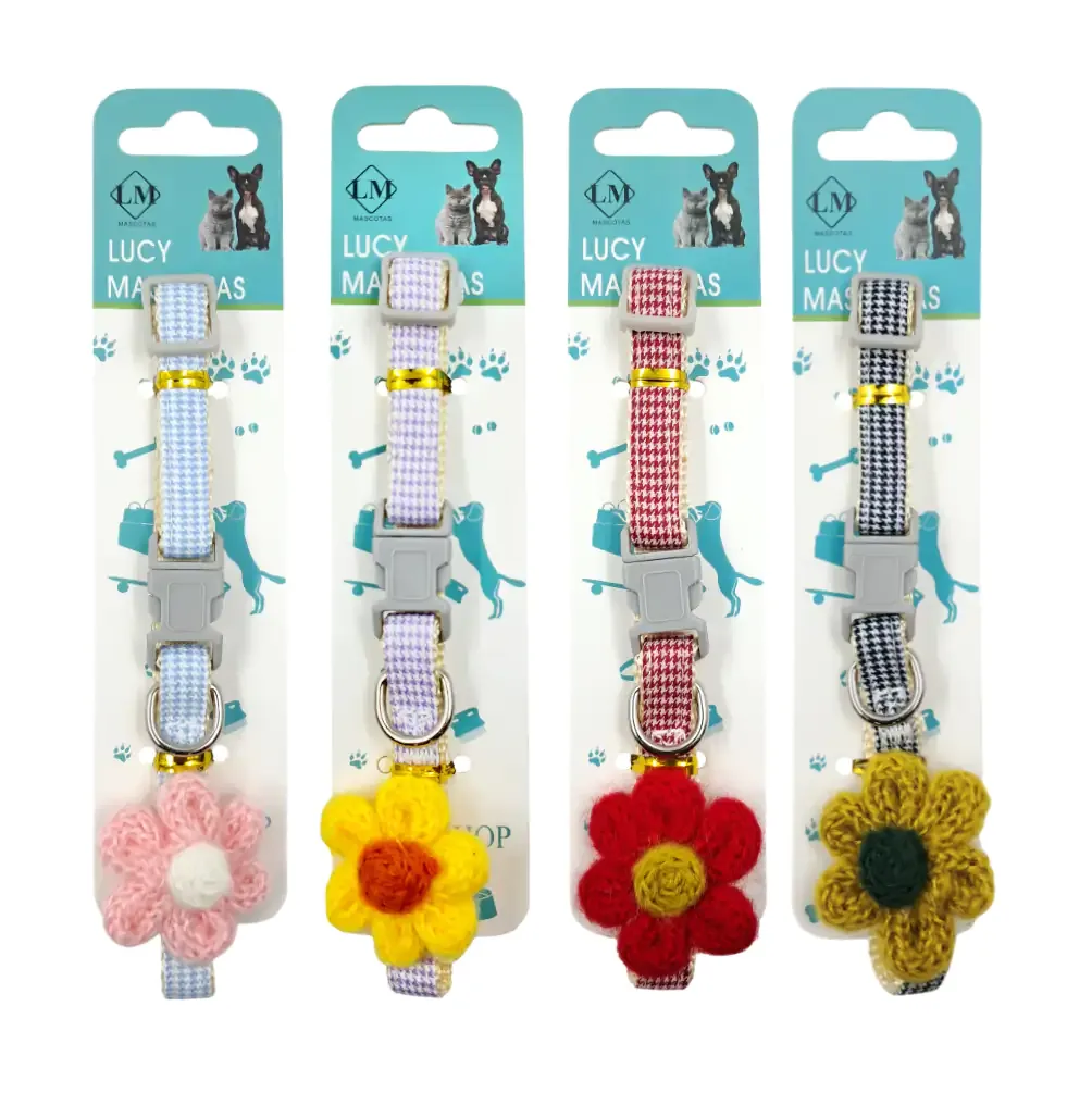 Collar de tela para mascota con flor tejida de 14cm, variedad de colores