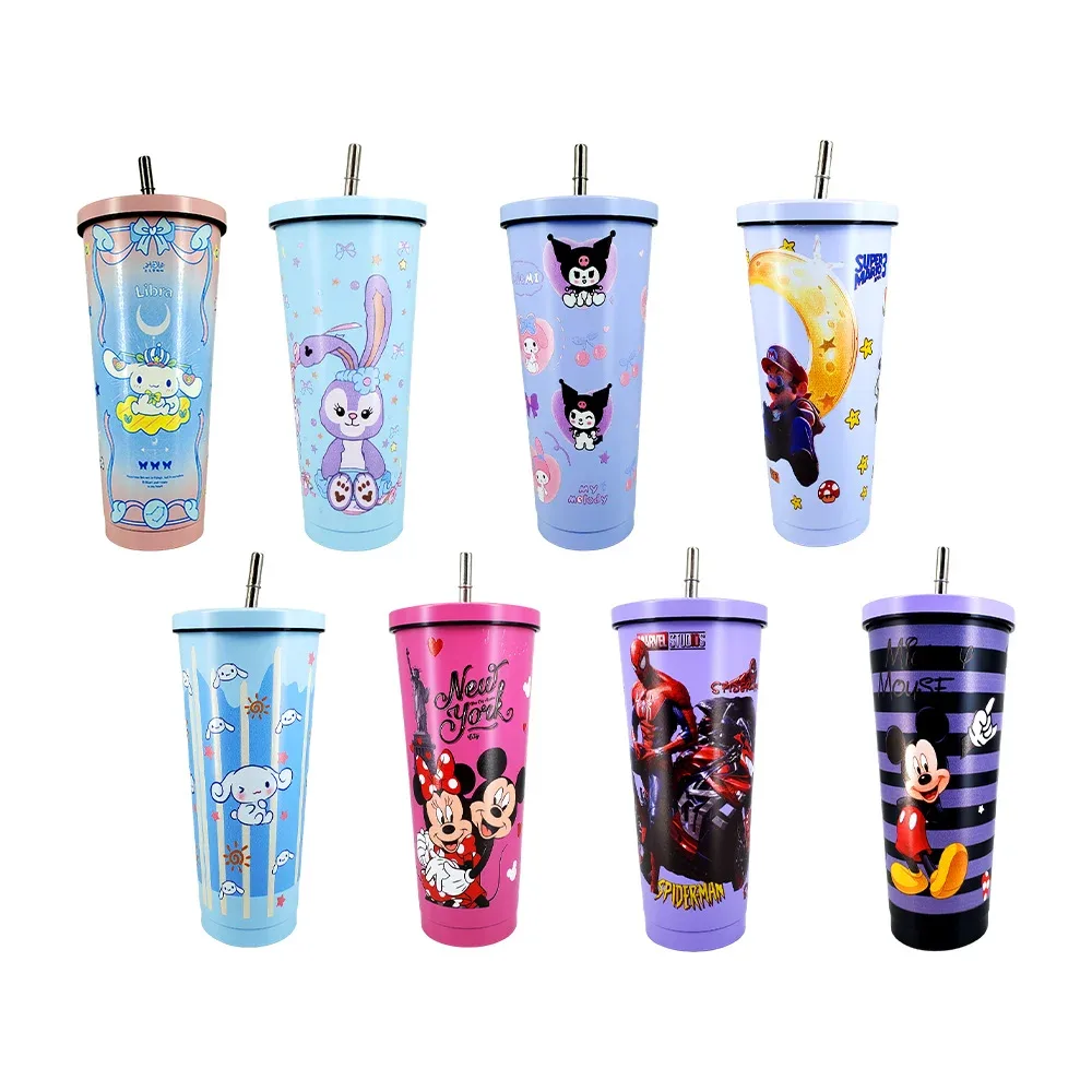 Vaso termo de acero inoxidable con capacidad de 1.2l aprox, tapa y popote metálico, variedad de personajes / 2-1921