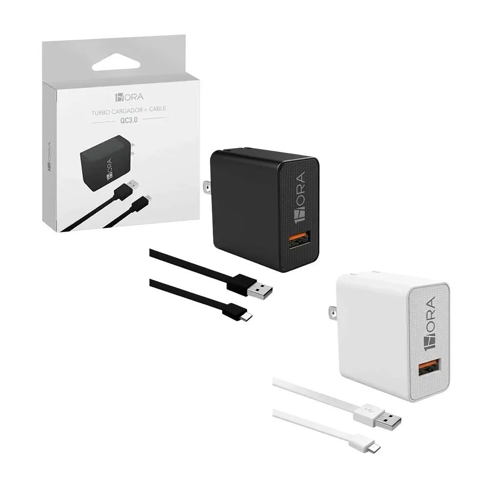 Combo turbo cargador 1hora con entrada tipo c para carga 3a + cable usb tipo c / gar092 / qc3.0