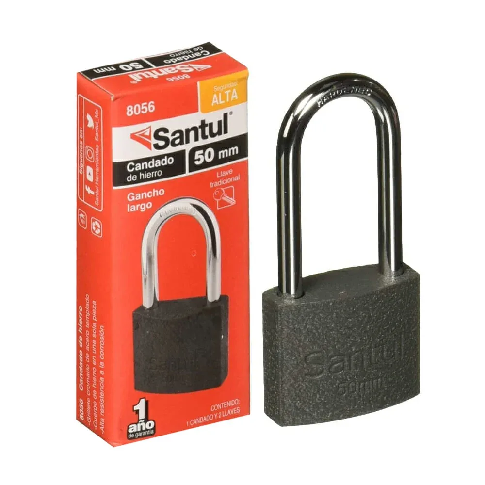 Candado santul de hierro 50mm con gancho largo y juego de 2 llaves / 0422