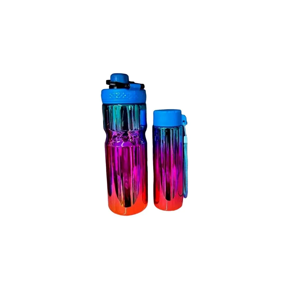 Set 2 botellas de plástico con efecto espejo tornasol en 2 medidas diferentes y popote, variedad de colores / duo
