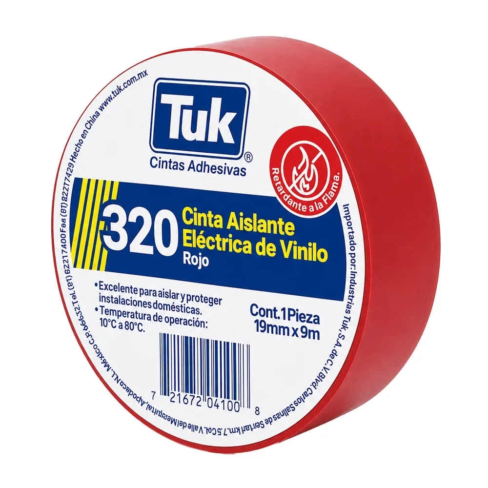 1pza Cinta aislante eléctrica de vinilo tuk color roja con 9m y 1.9cm de ancho / 320 / 345023