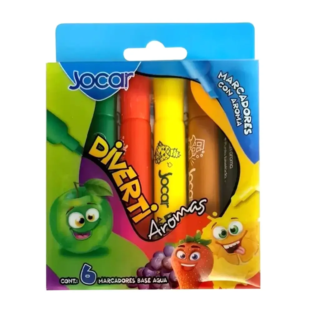 Paquete con 6 marcadores - plumones de agua jocar con aroma frutal, variedad