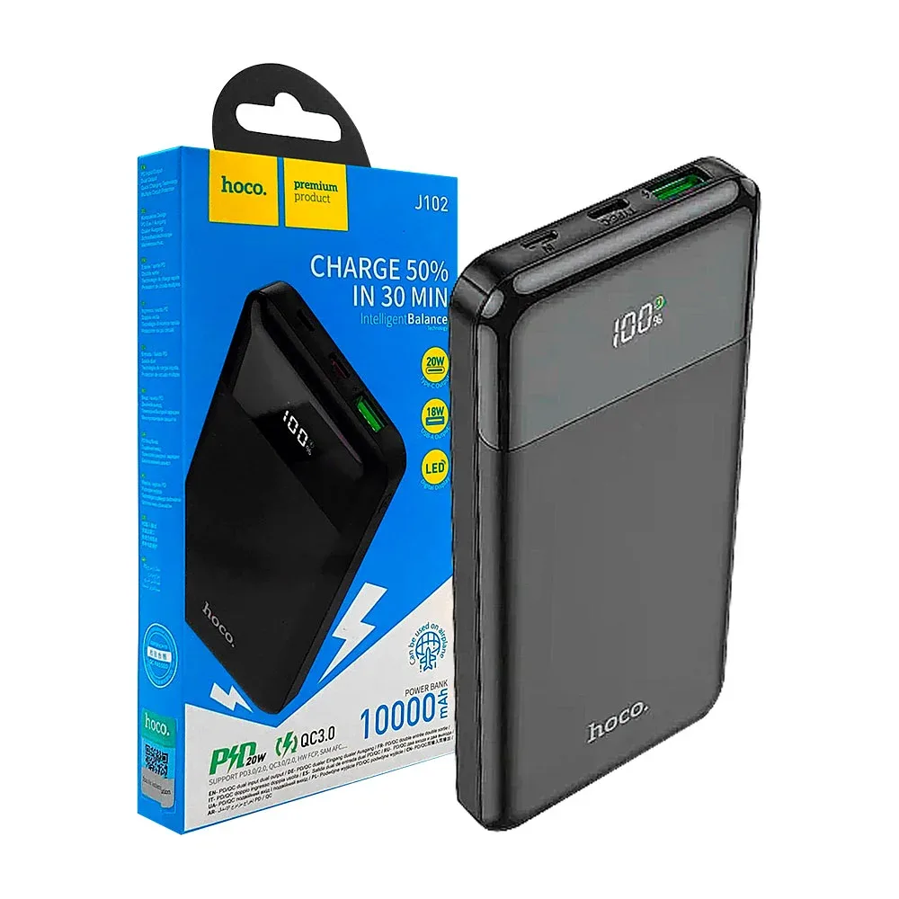 Power bank - batería portatil de 10000 mah pantalla digital, puerto de carga usb, usb-c y v8 para carga rápida / j102