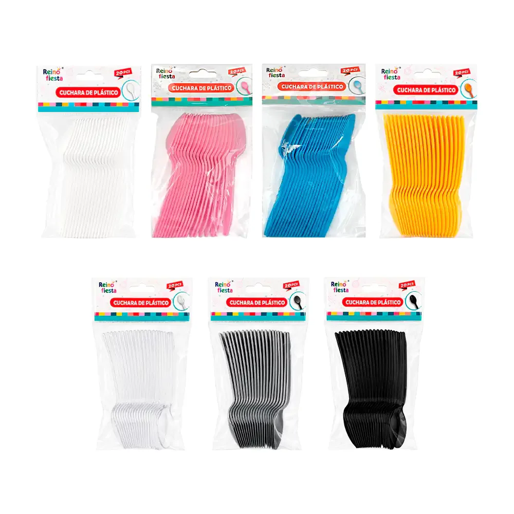 Paquete con 20 cucharas pequeñas de plástico lisas, para fiesta, variedad de colores / reino fiesta / 52378 / 52379