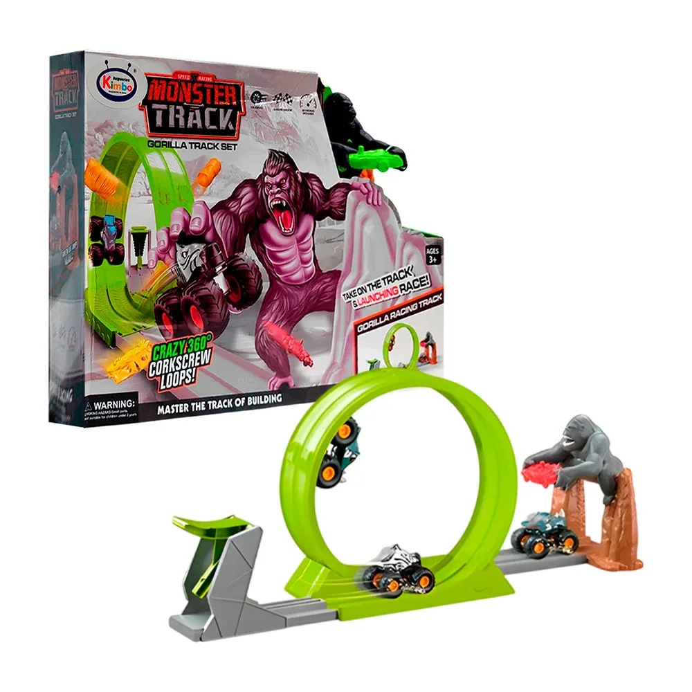 Pista armable con giro 360 con diseño de gorila + carro con forma de animal