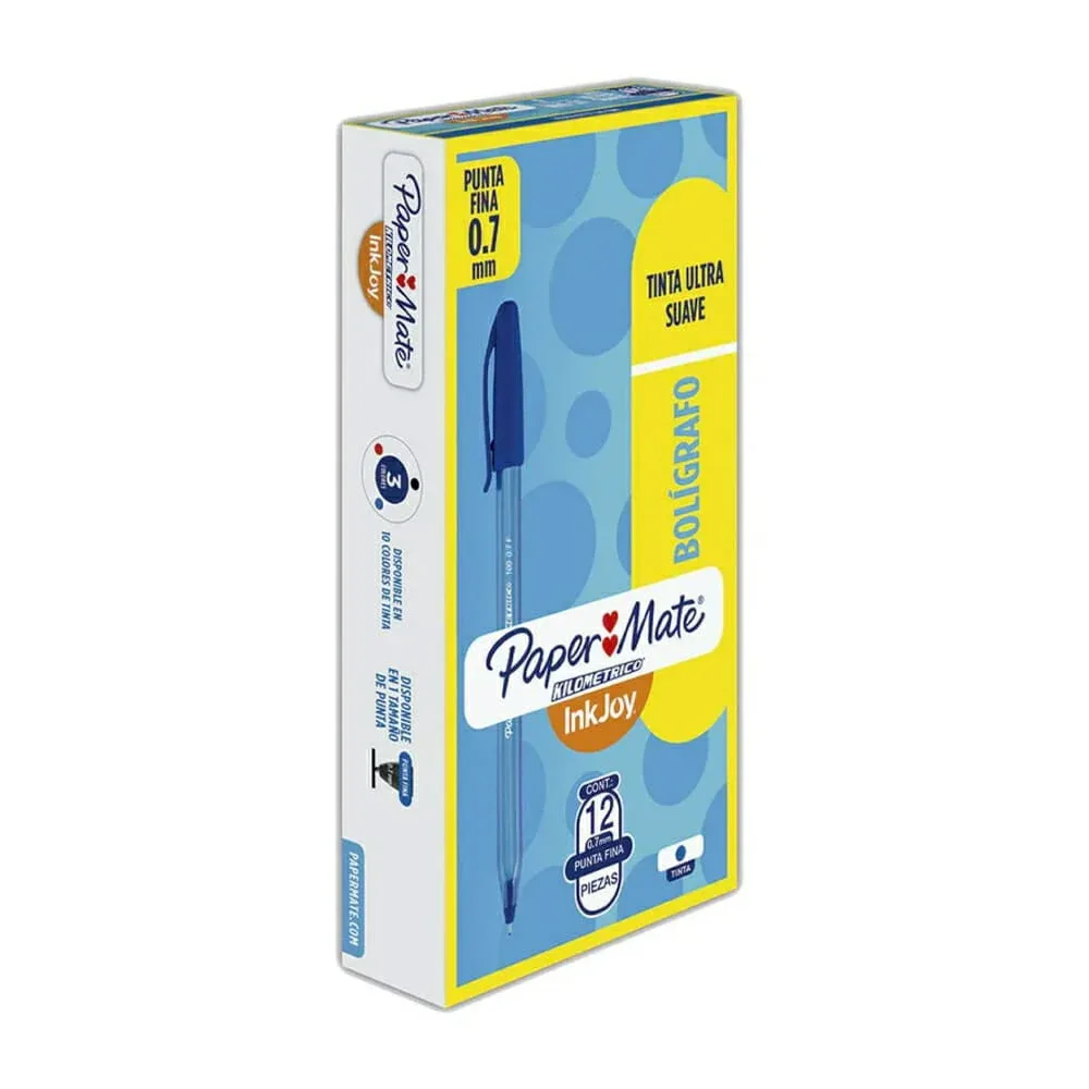 Caja con 12 bolígrafos paper mate kilométrico con punta fina 0.7mm y tinta azul ultra suave
