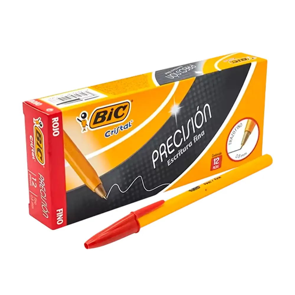 Paquete con 12 plumas bolígrafos bic cristal de color roja con punta fina 0.8mm