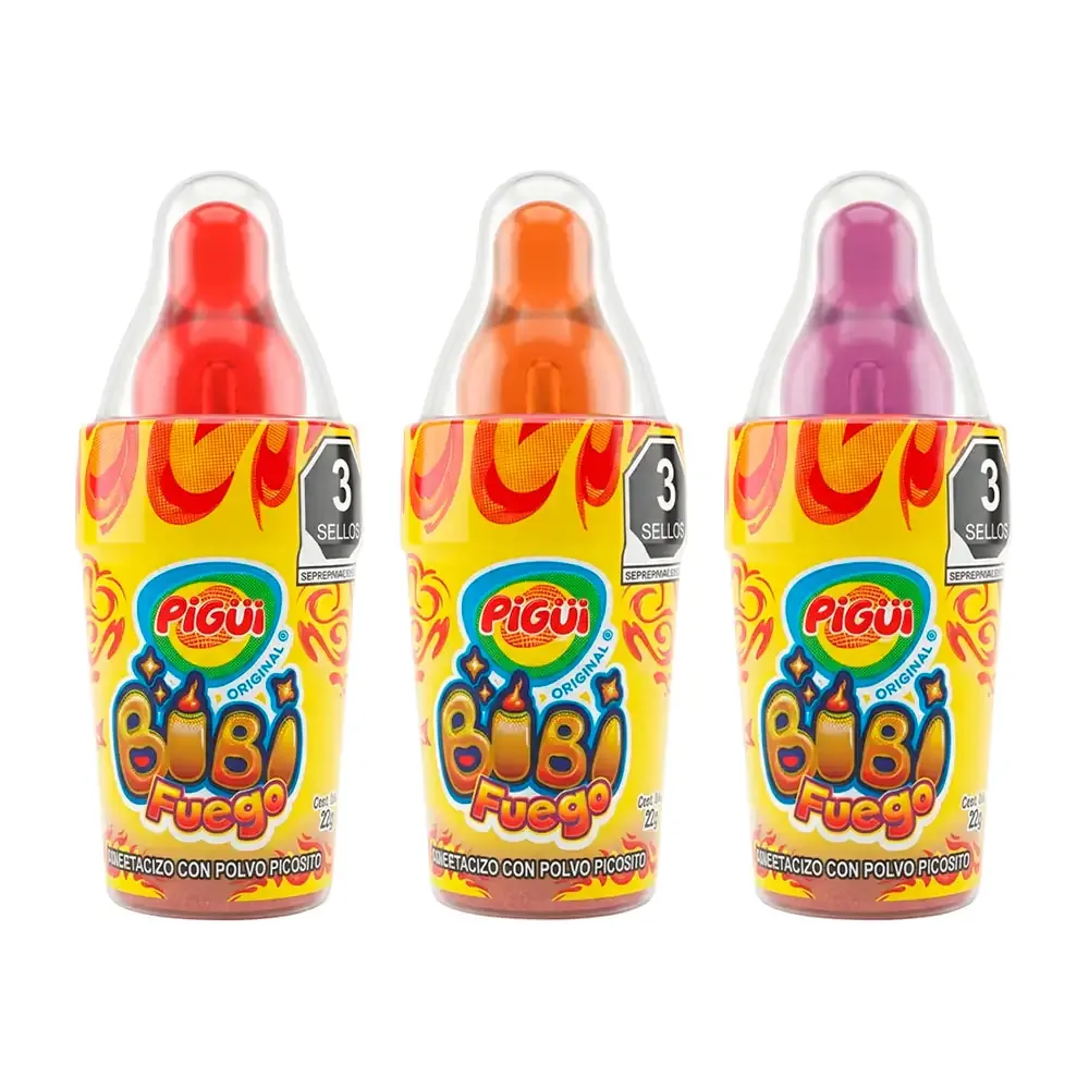 1pza Dulce macizo en forma de bibi con polvo picosito, 22g, variedad de sabores