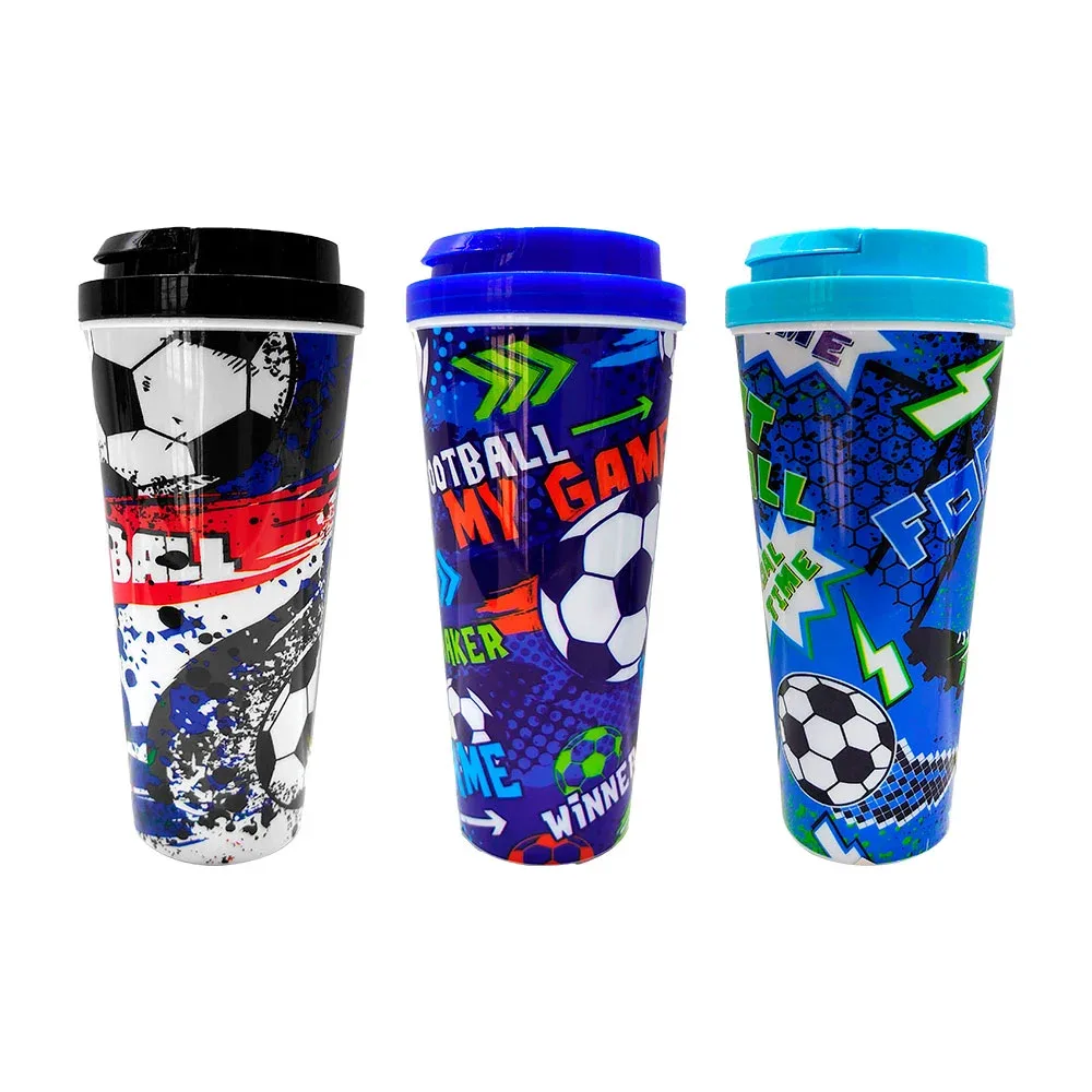Vaso de plástico de 700ml y tapa hermética, estampado de balones, variedad