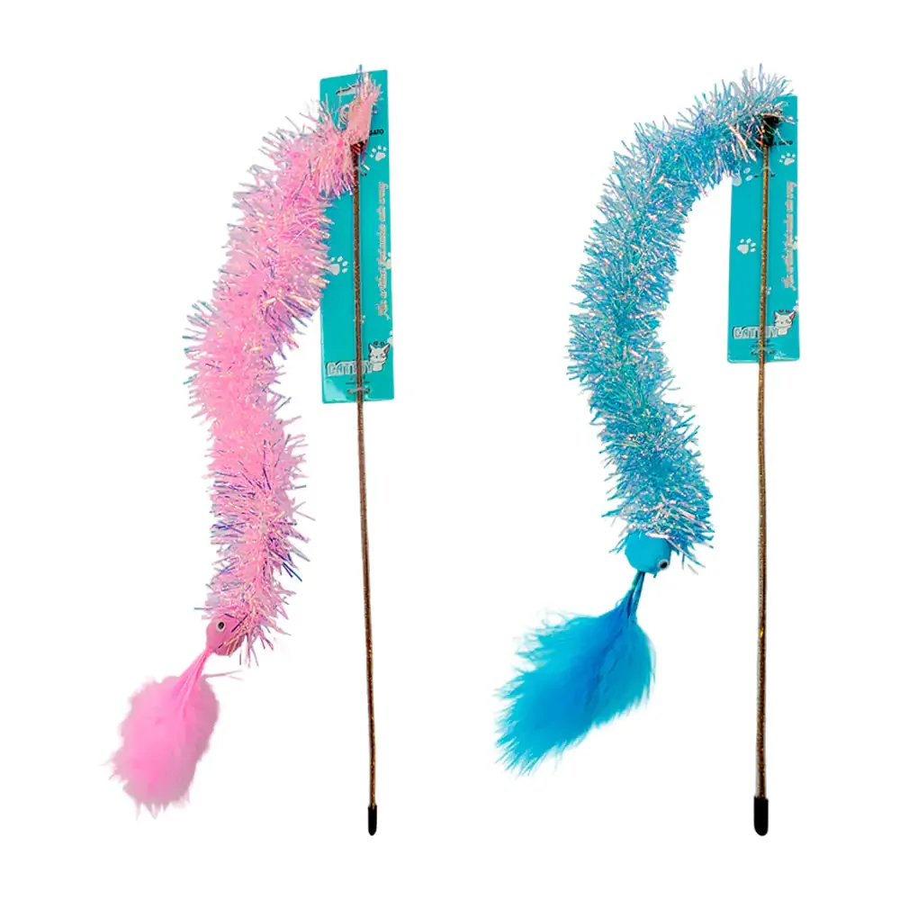 Juguete para gato, vara de plástico con escarcha metálica, pompón y plumas