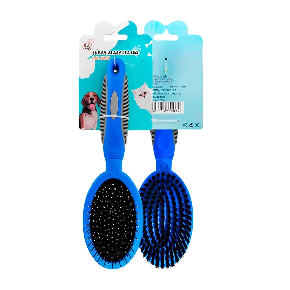 Cepillo doble para mascotas, cerdas metálicas y plásticas suaves, ergonómico
