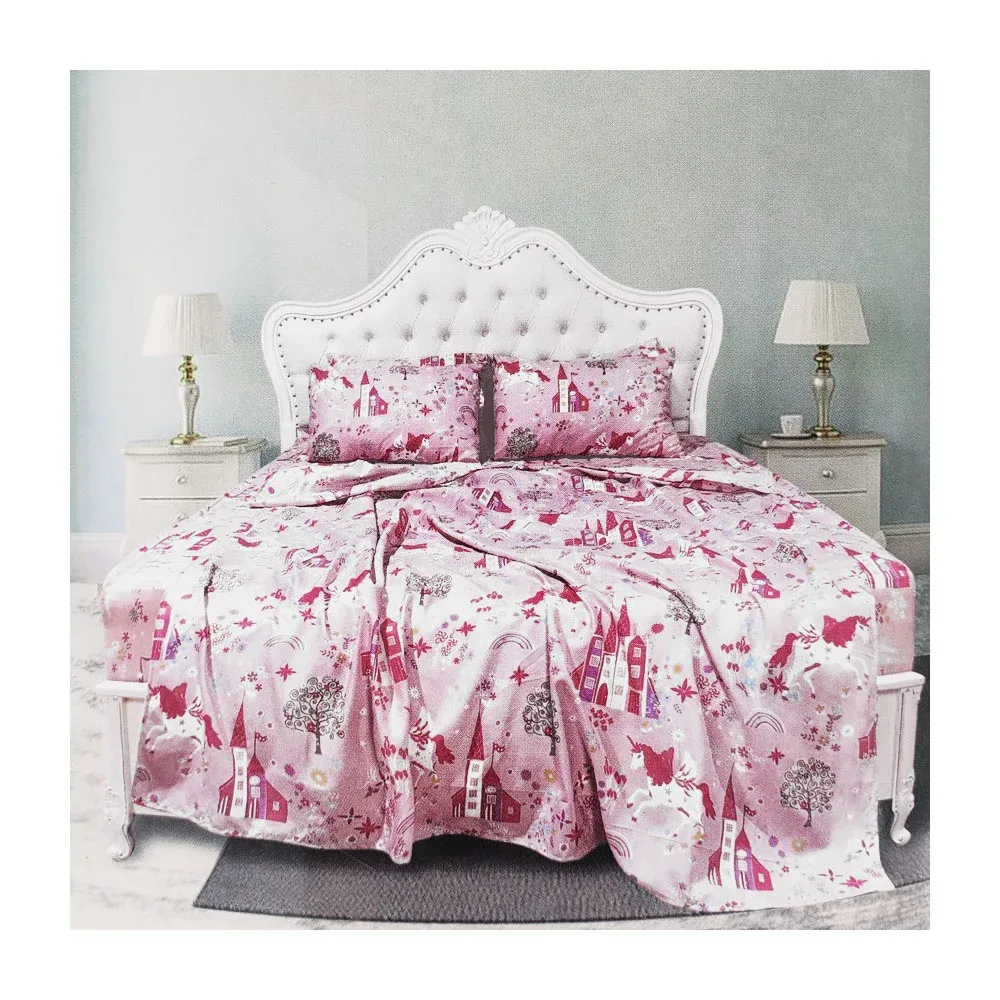 Juego 2 sábanas y 2 fundas para almohada con diseño de castillos, unicornios y flores / almo.22.150cm