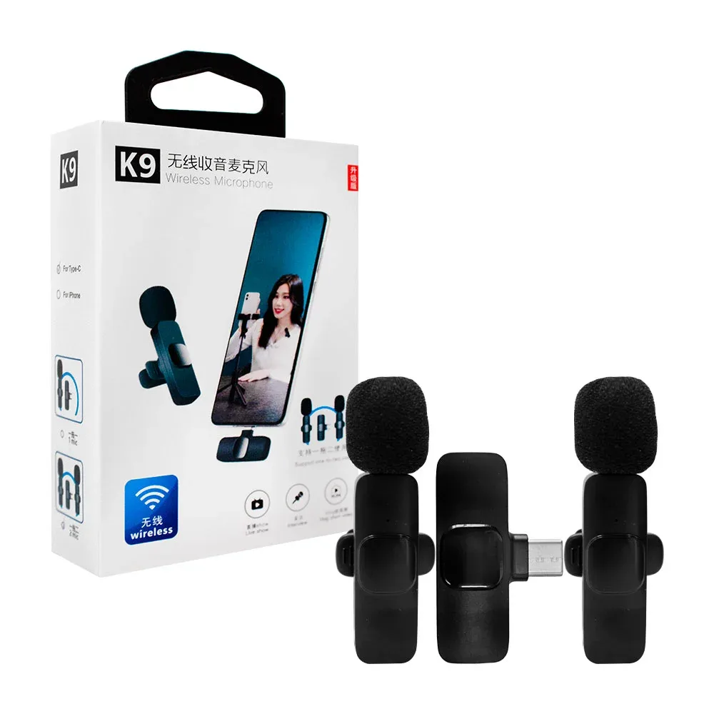 Caja con 2 micrófonos de solapa k9 inalámbricos con entrada tipo c y clip para grabación de audio y video / 02088 / k9 wireless microphone
