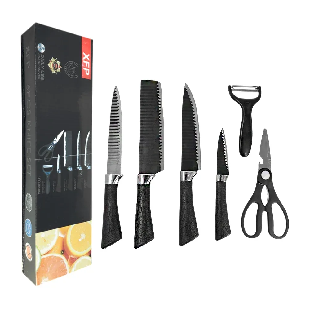 Juego de 4 cuchillos metálicos ondulados con pelador y tijeras metálicas con mango de plástico y efecto de cuero / er-0238a / dainayouth / 41013 / x26 / k-623 / 41015 / 41016