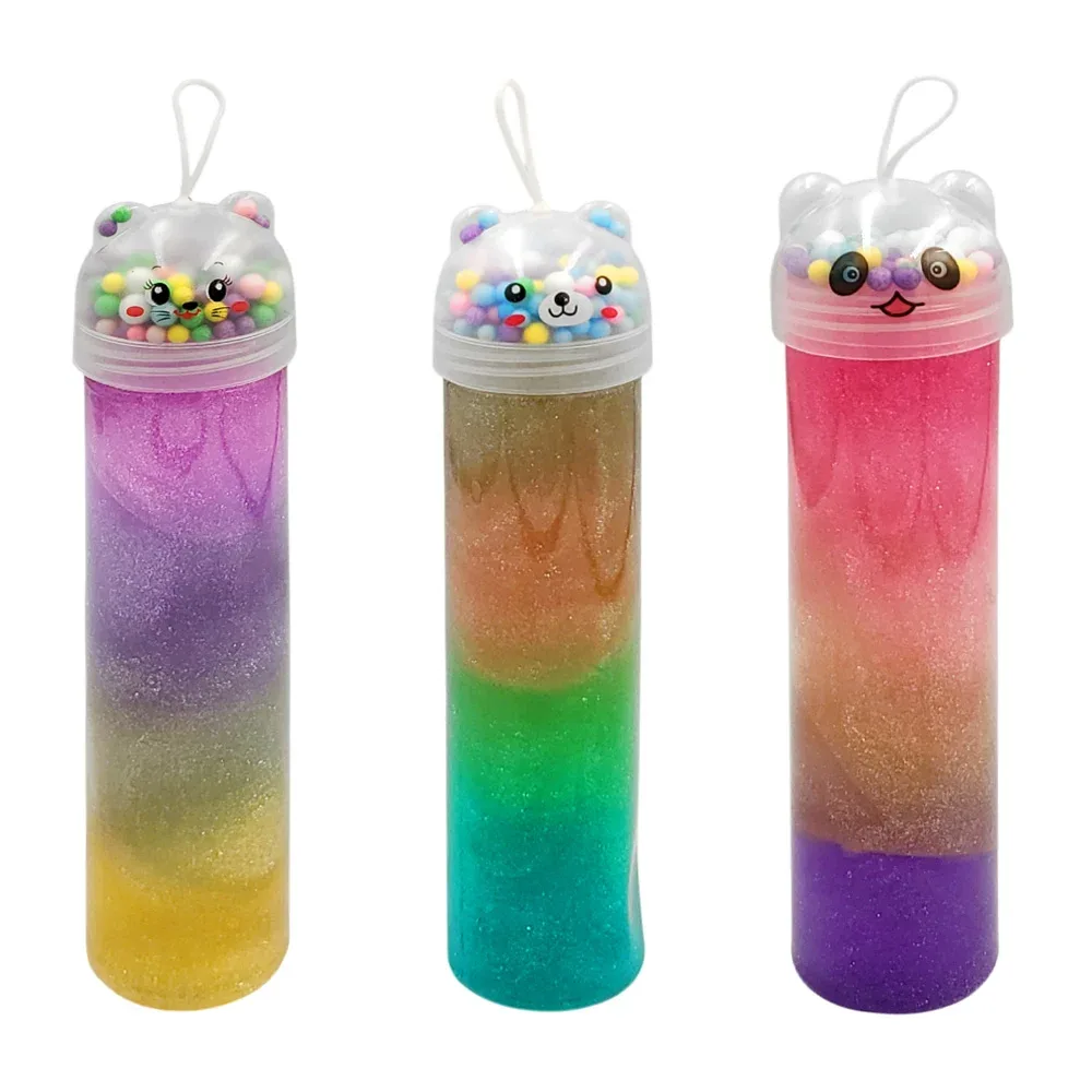 Bote de slime brilloso tricolor con tapa de oso-panda con bolitas de colores