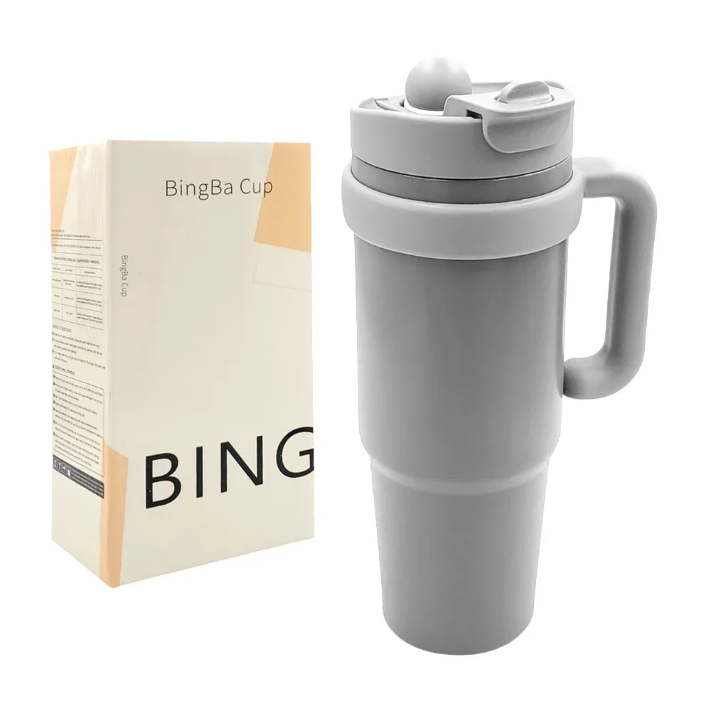 Vaso termo de acero inoxidable con agarradera y doble boquilla + popote, 890ml