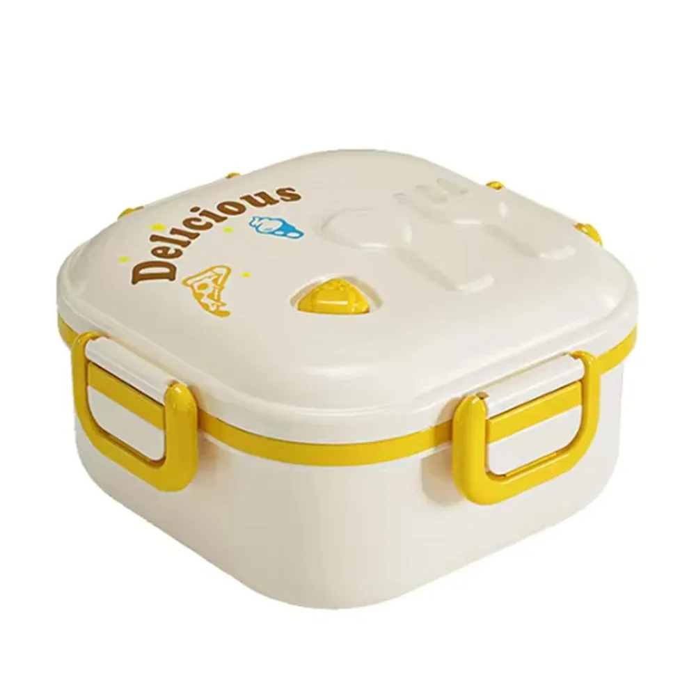 Tupper cuadrado de plástico con 2 niveles, 4 compartimientos y 2 cubiertos, variedad de colores / delicious / 24-fh-3020