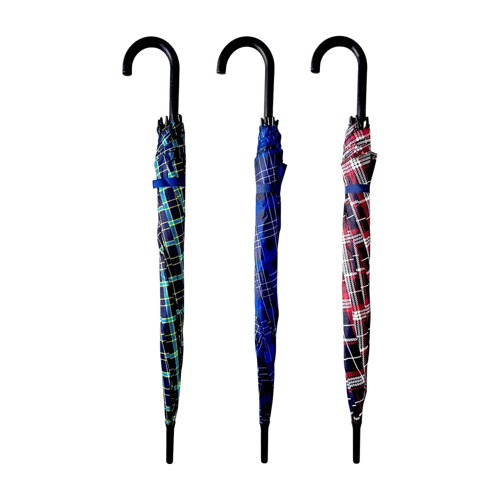 Paraguas mediano semi automático con mango curvo y estampado de cuadros estilo escocés, variedad de colores / 717-2