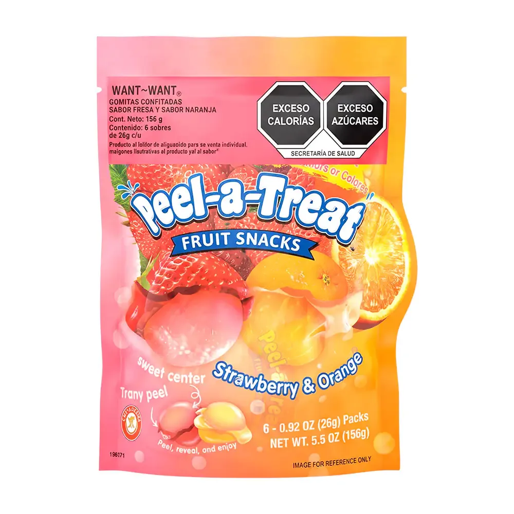Bolsa con 6 paquetes de gomitas peel-a-treat pelables, sabor fresa y naranja, 156g