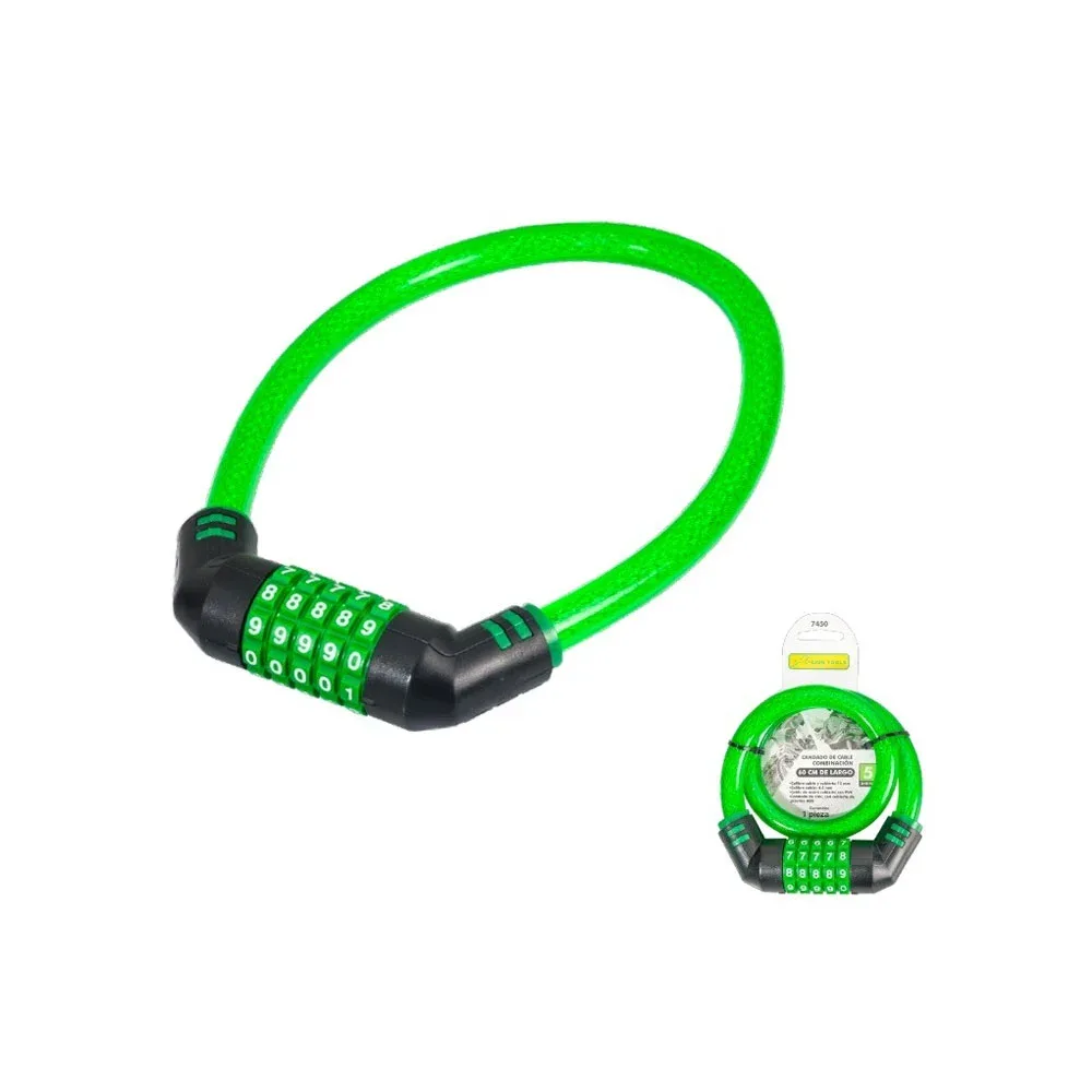 Candado de seguridad para bicicleta o motocicleta con combinación de 5 dígitos, cable con cubierta 15mm y 60cm de largo / 7450