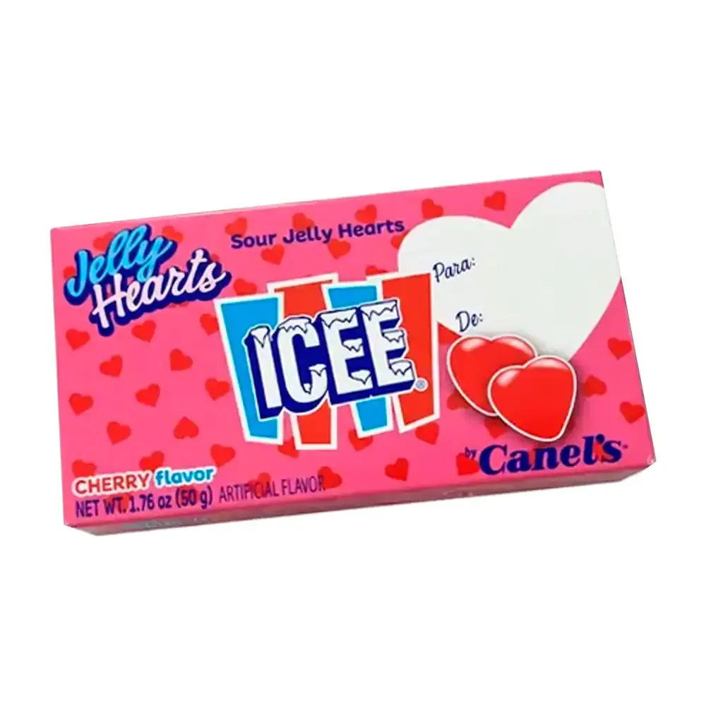 Paquete con gomitas acidas icee con forma de corazón sabor cereza, 50g / jelly hearts