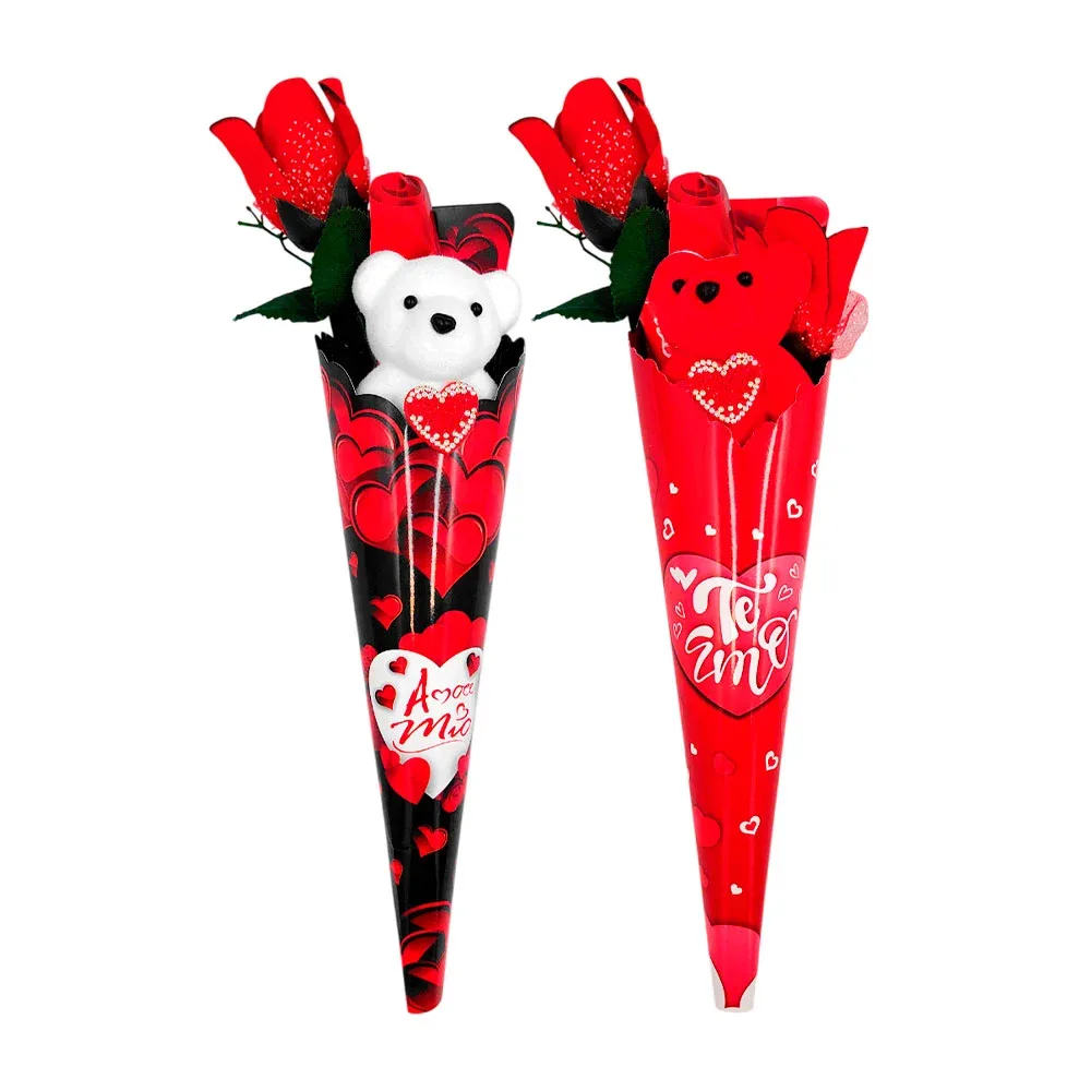 1pz ramo con mini osito de terciopelo, corazón de brillantina y rosa artificial