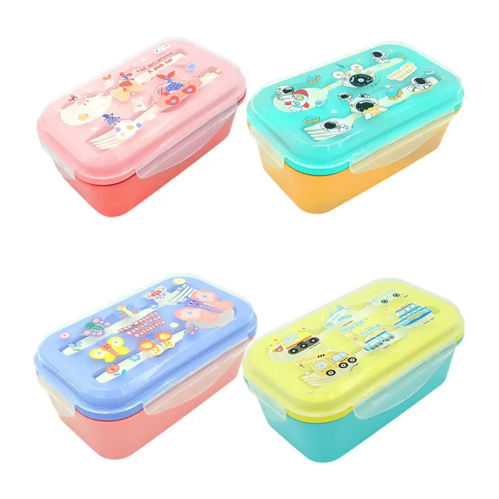 Tupper de plástico con separador, tapa con estampado kawaii + cubiertos
