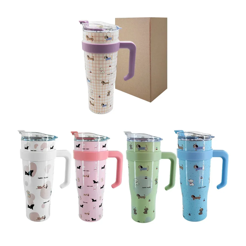 Vaso termo de acero inoxidable con agarradera, 40oz y diseño de perritos kawaii
