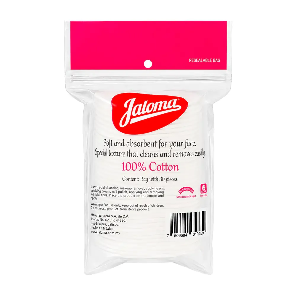Algodón facial jaloma 30pz, 100% algodón