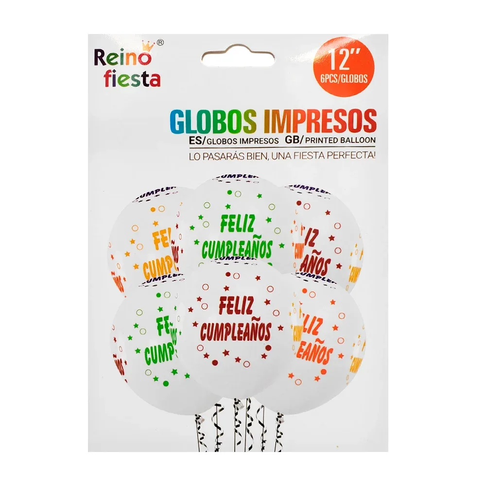 Paquete con 6 globos blancos, 12 pulgadas y frase multicolor de felíz cumpleaños