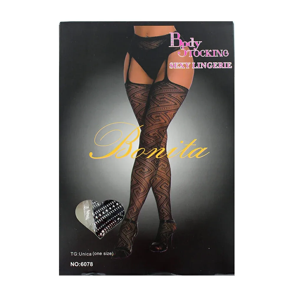 Lencería color negro para dama, malla pantiemdia de red y liguero / bonita / 6078
