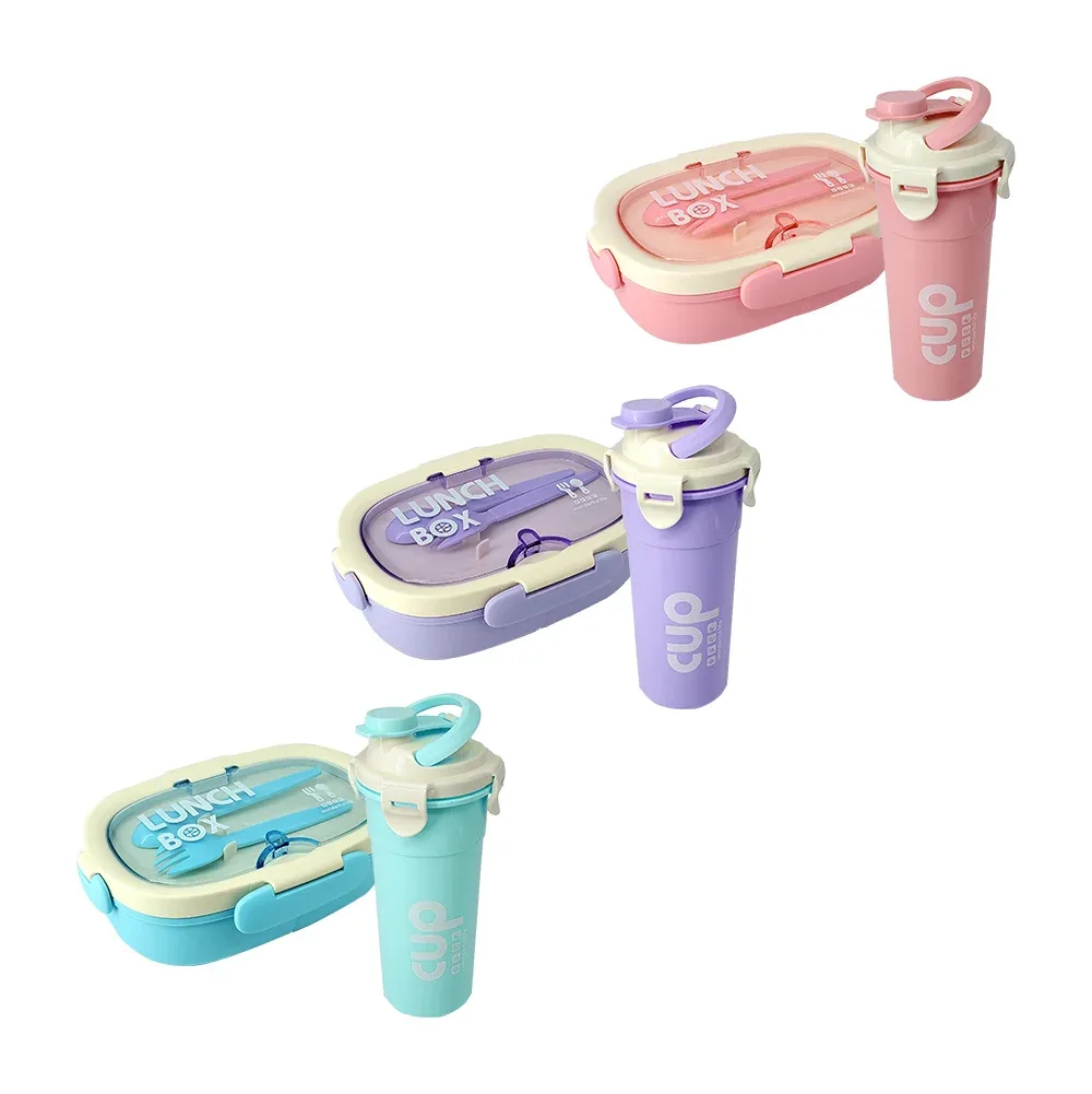Set tupper ovalado de plástico con 3 compartimientos y 2 cubiertos + botella de 500ml, variedad de colores / lunch box / cup / wonderful life