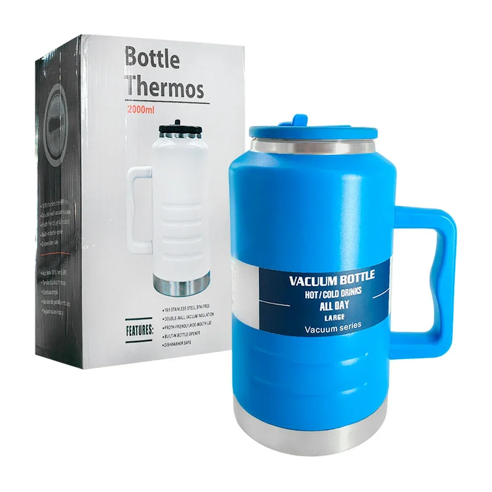Duo botella termo, 2 litros, acero inoxidable con asa + mini termo y popote
