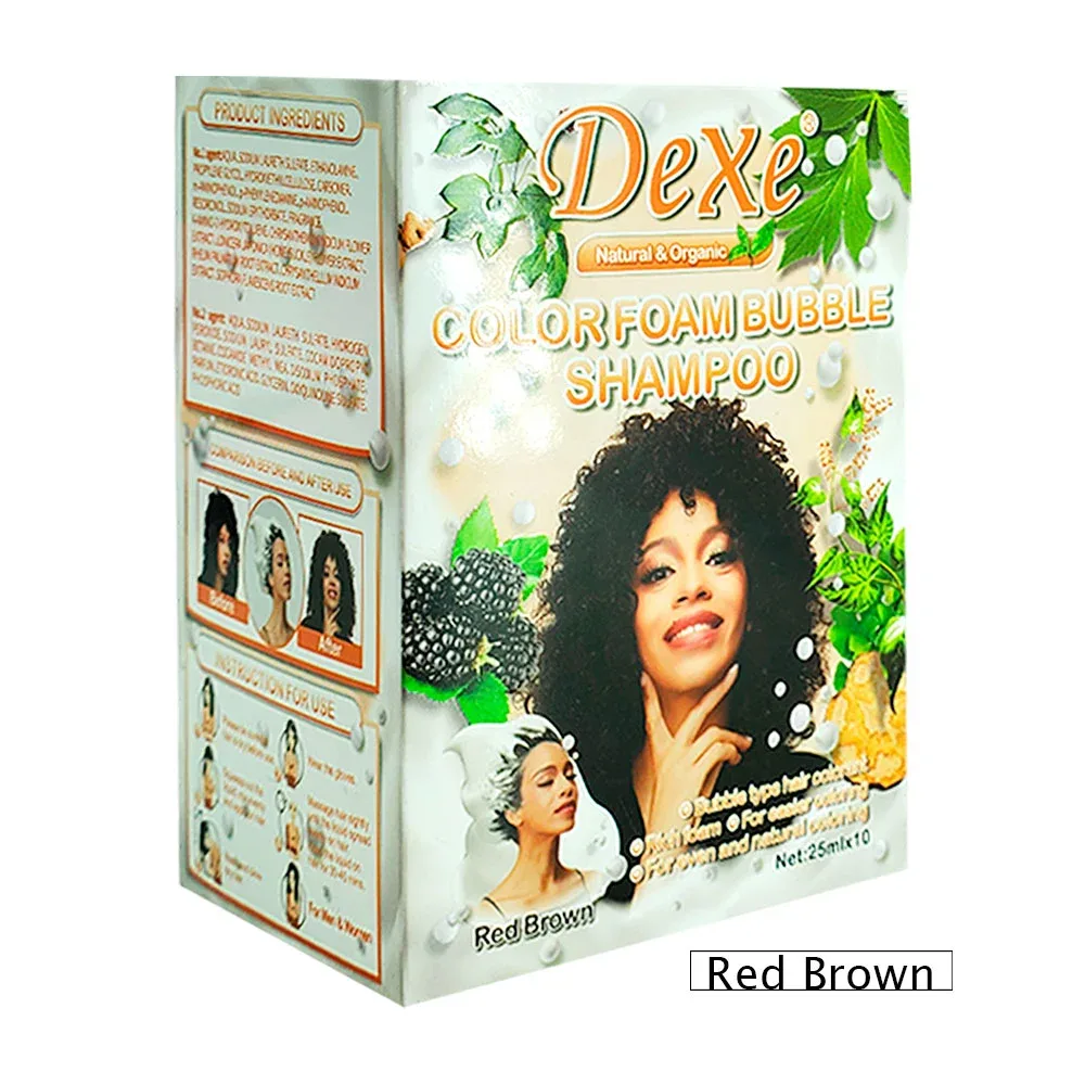 Paquete con 10 sobres de shampoo dexe, 25ml, con tinte orgánico café rojizo
