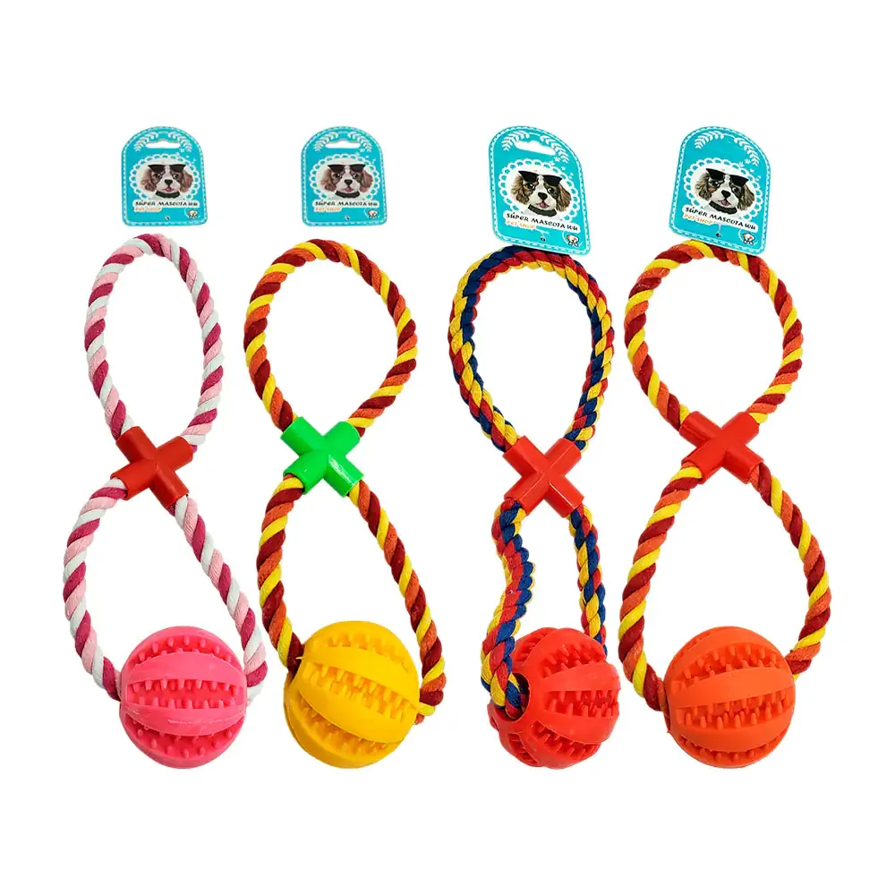 Juguete - mordedera para mascota de cuerda bicolor trenzada y pelota de silicón