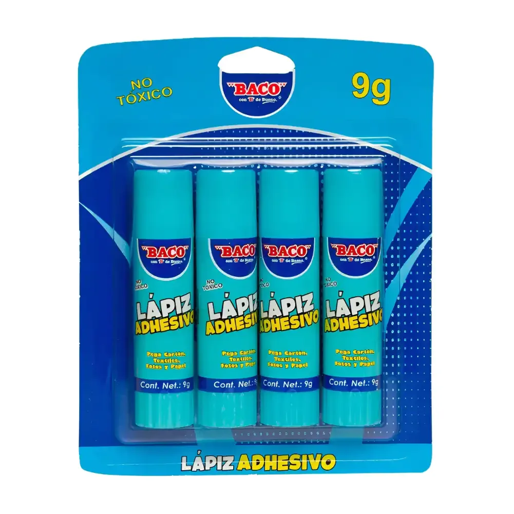 Blíster con 4 pegamentos adhesivos baco en barra de 9g