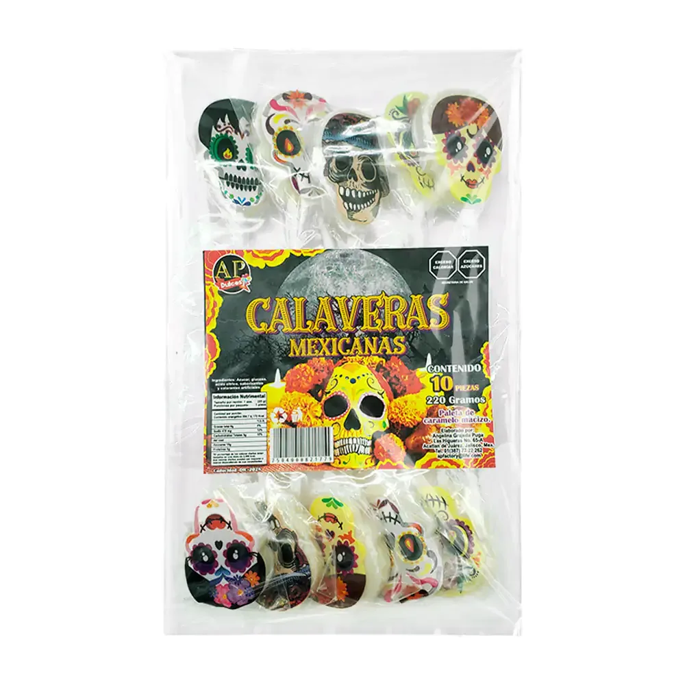 Paquete con 10 paletas con temática de calavera mexicana de 220g