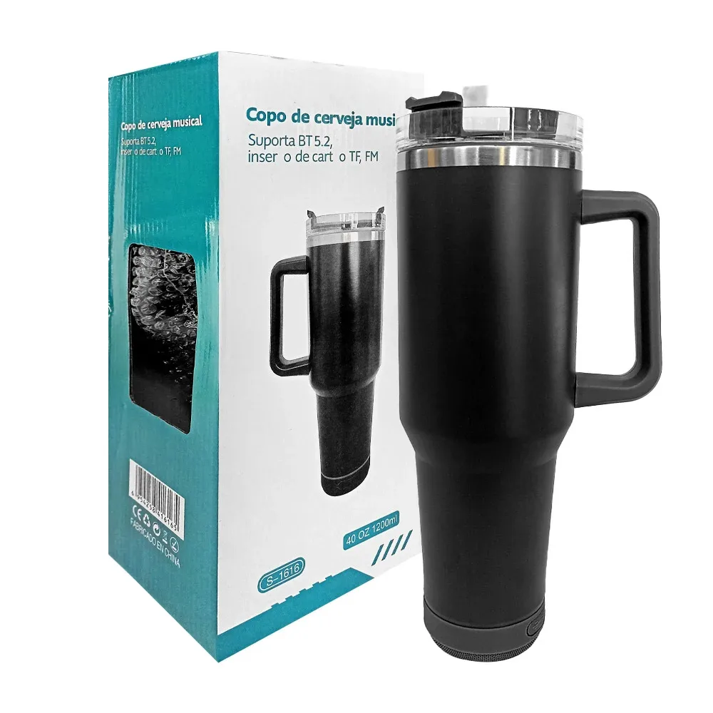 Vaso termo de acero inoxidable con asa, capacidad 1200ml + popote y bocina bluetooth integrada con luz rgb, variedad de colores / copo de cerveja musical / s-1616
