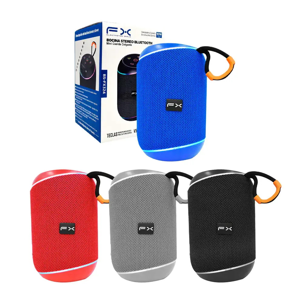Bocina fx cilíndrica bluetooth con luz rgb y agarradera, variedad de colores
