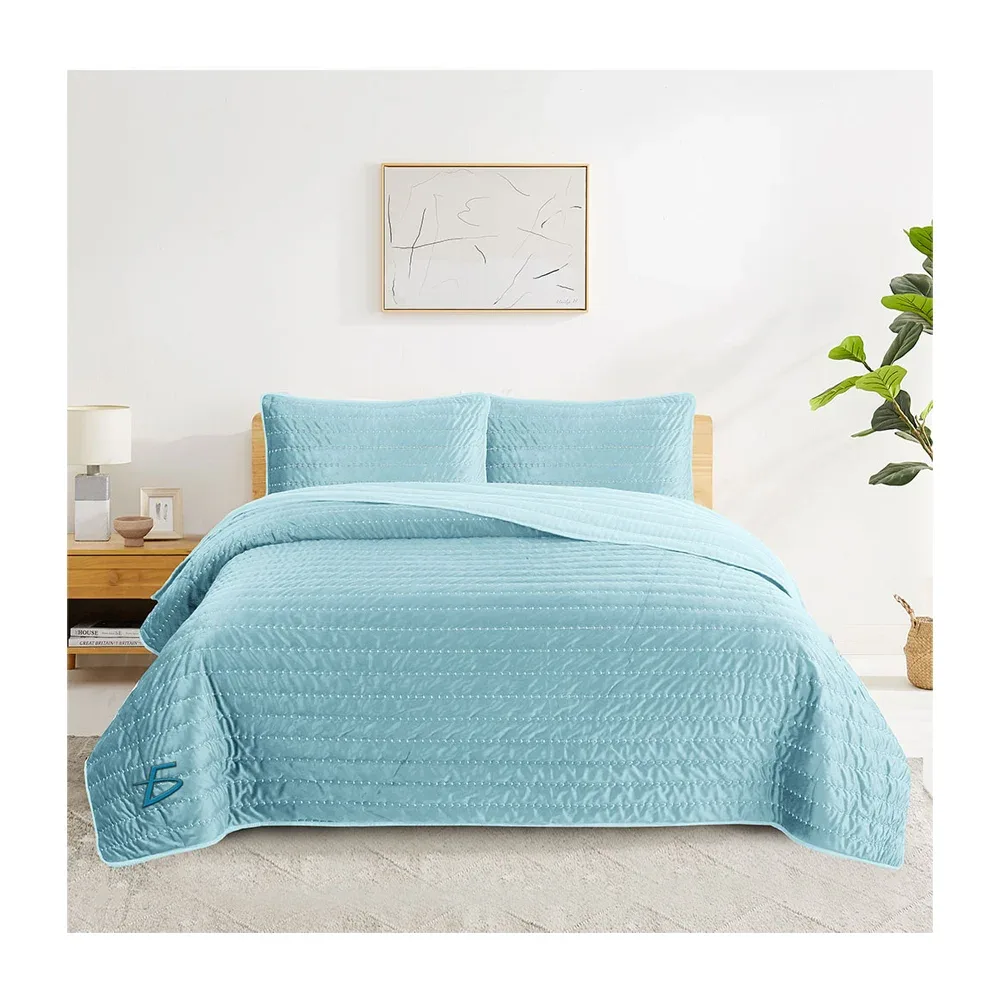 Cobija cubrecamas king size de textura afelpada con diseño bordado + 2 fundas para almohada, variedad de colores / 260x220cm