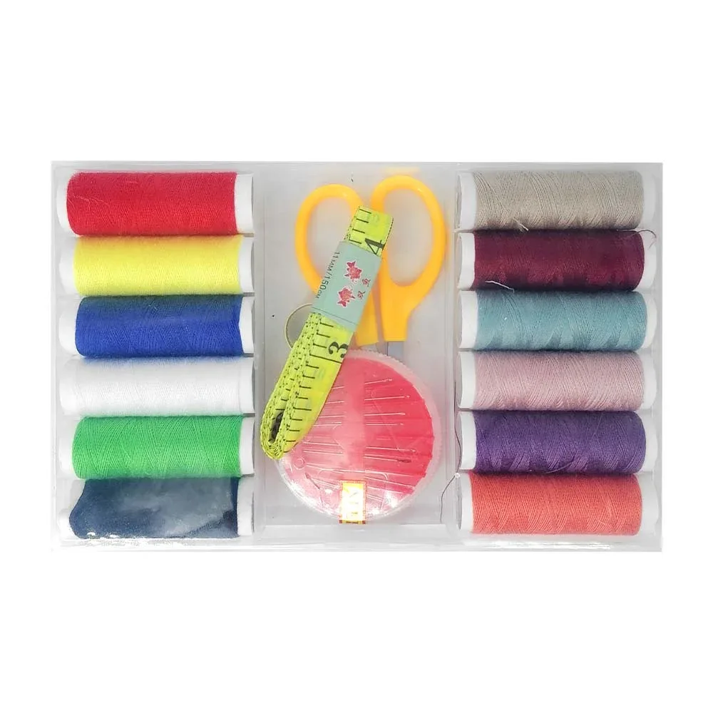 Estuche con 12 tubos de hilo, 9 agujas, tijeras y cinta métrica / l43-409e