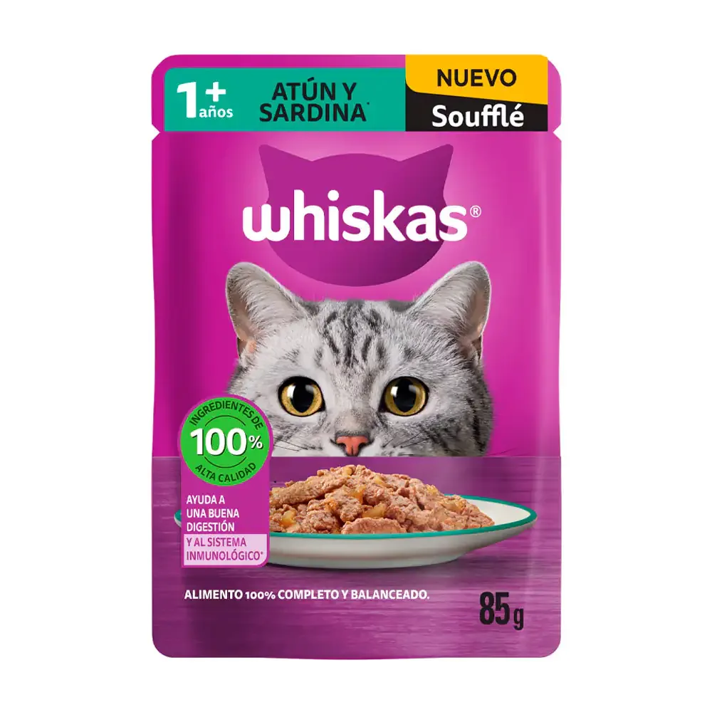 1pz alimento húmedo whiskas soufflé para gatos adultos sabor atún y sardina, 85g / 5912